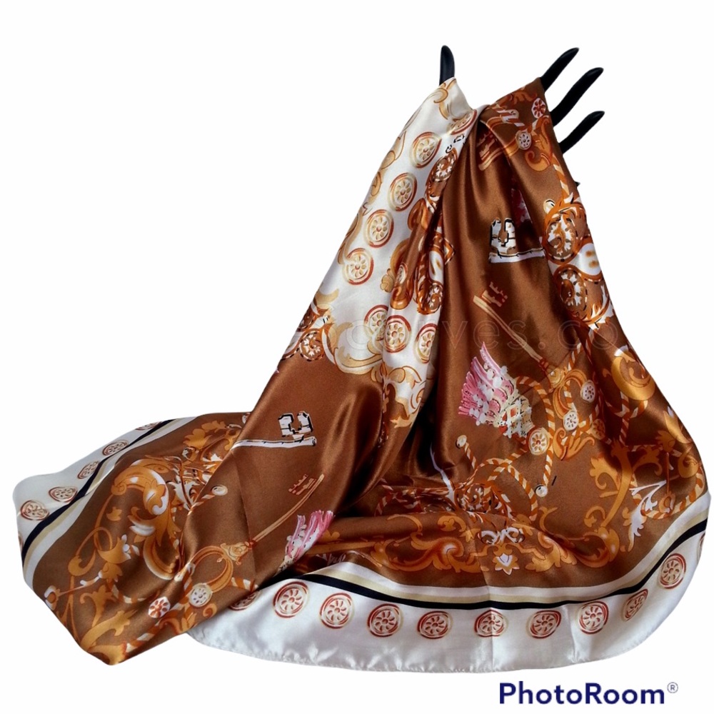 "Elizabeth” satin polyester scarf, Brown/pink $6.99 shipping NWOT 35” square